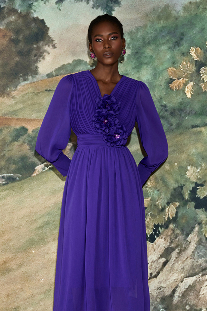 Pleat 3D Flower Long Sleeve Midi Dress