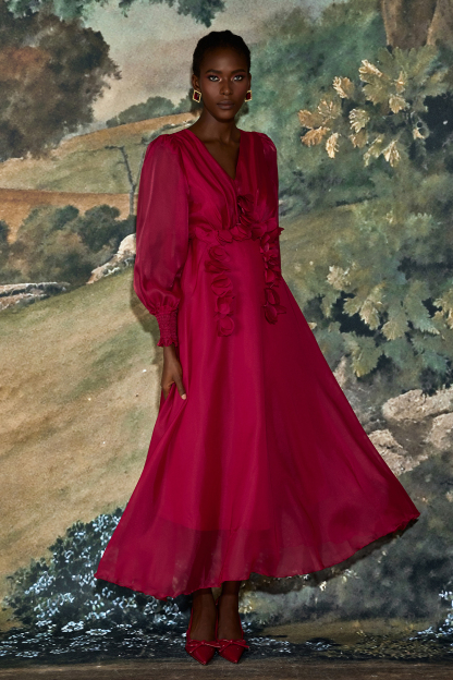 Organza 3D Flower V-Neck Midi Dress