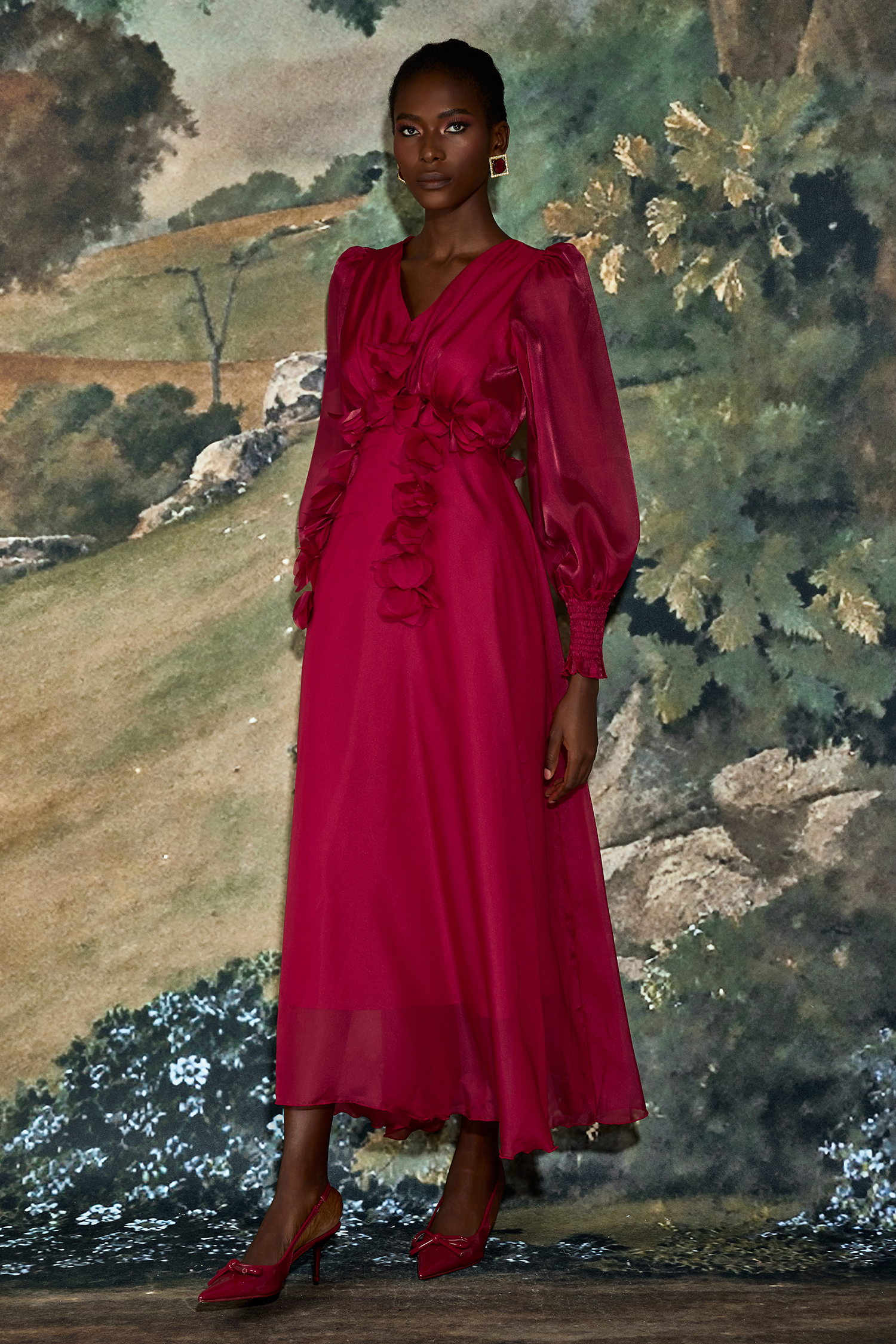 Organza 3D Flower V-Neck Midi Dress