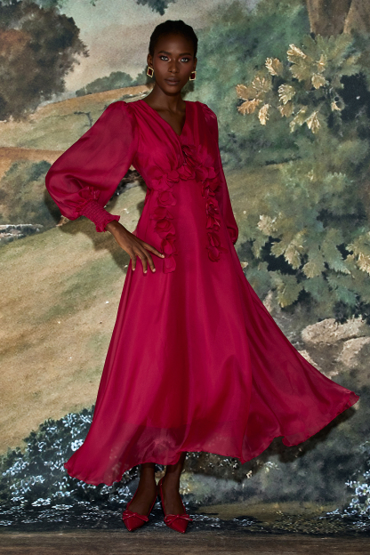 Organza 3D Flower V-Neck Midi Dress