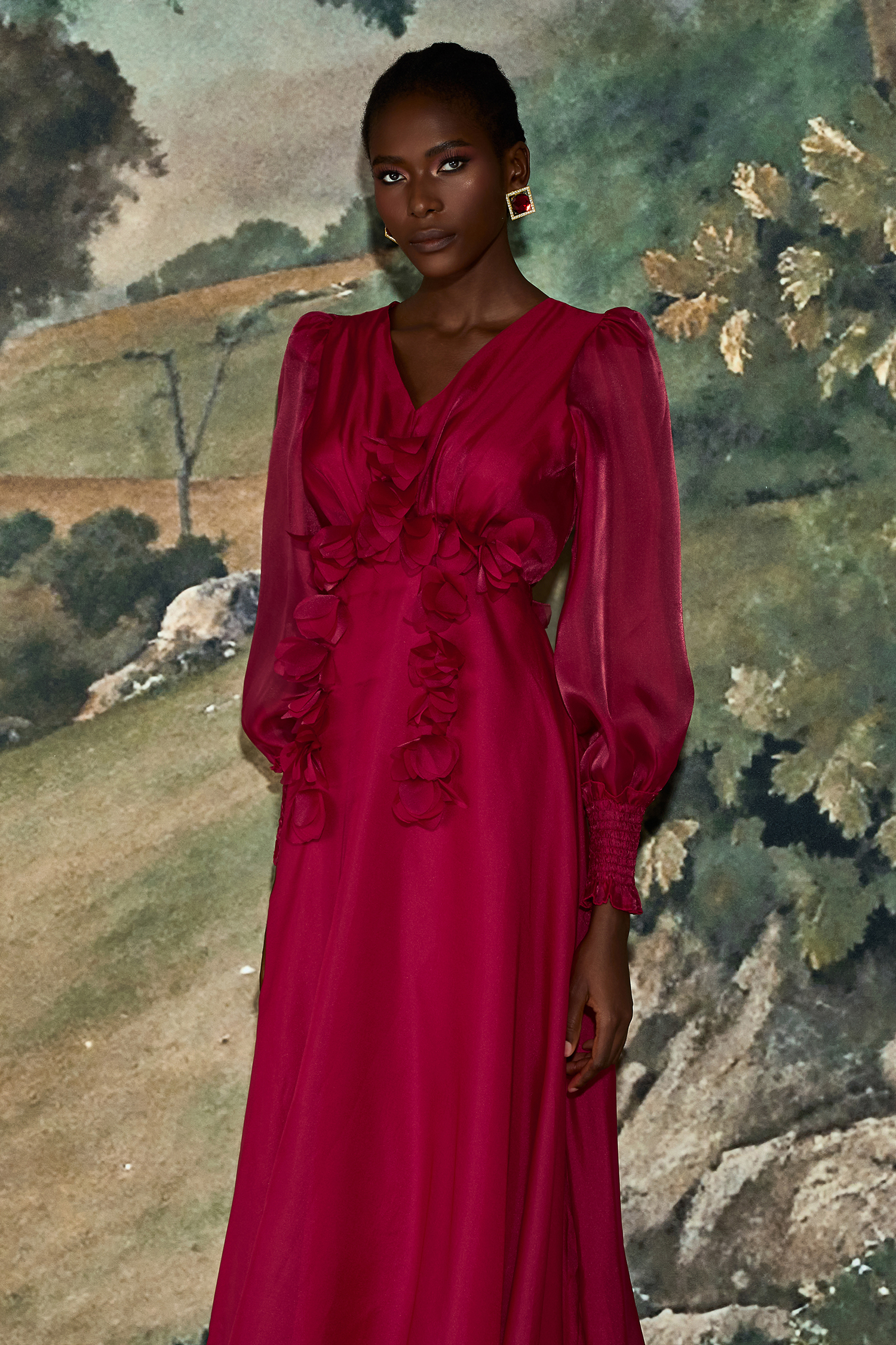 Organza 3D Flower V-Neck Midi Dress