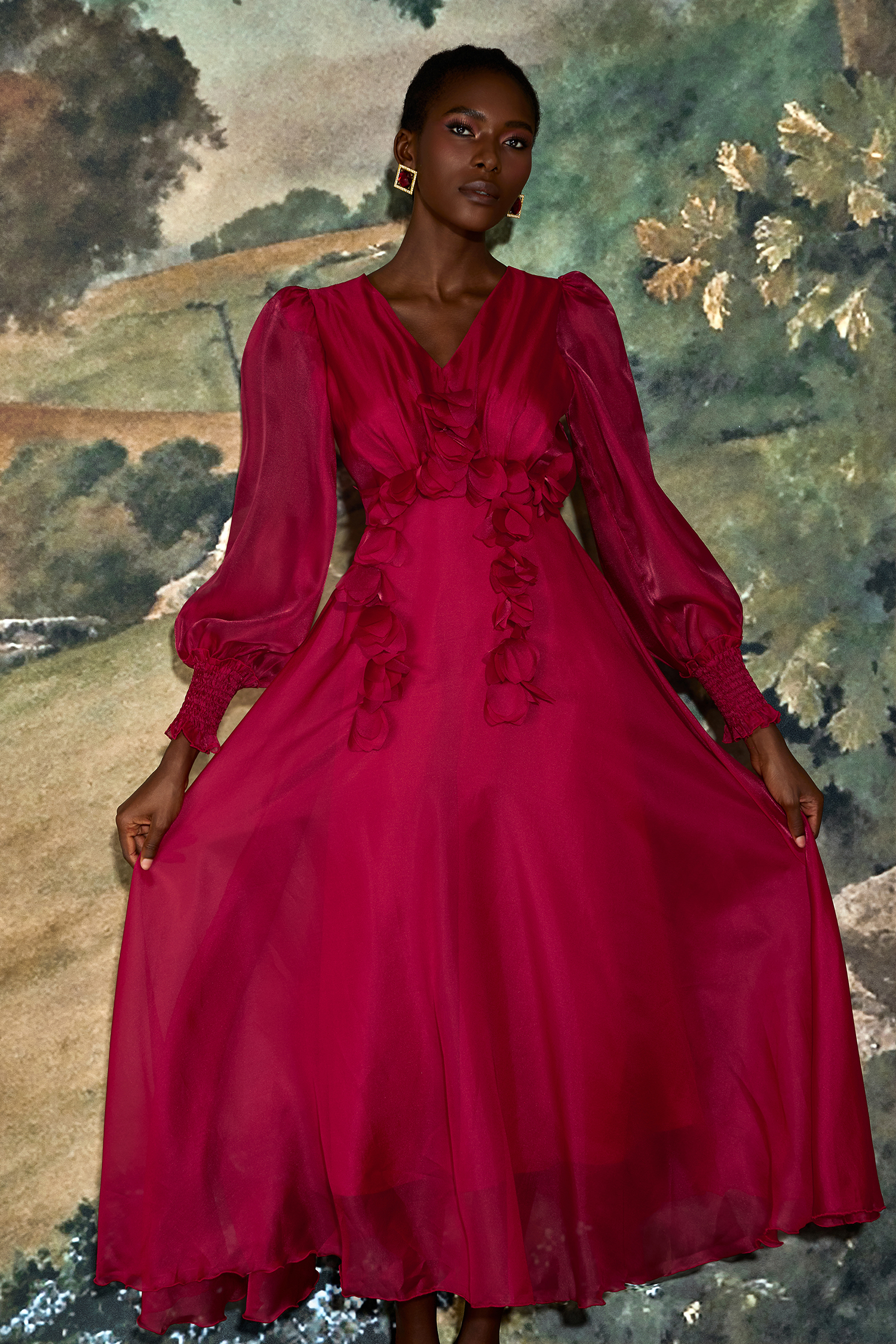 Organza 3D Flower V-Neck Midi Dress