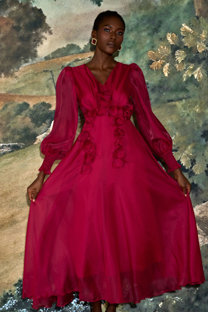 Organza 3D Flower V-Neck Midi Dress