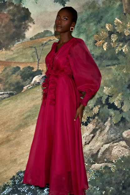 Organza 3D Flower V-Neck Midi Dress