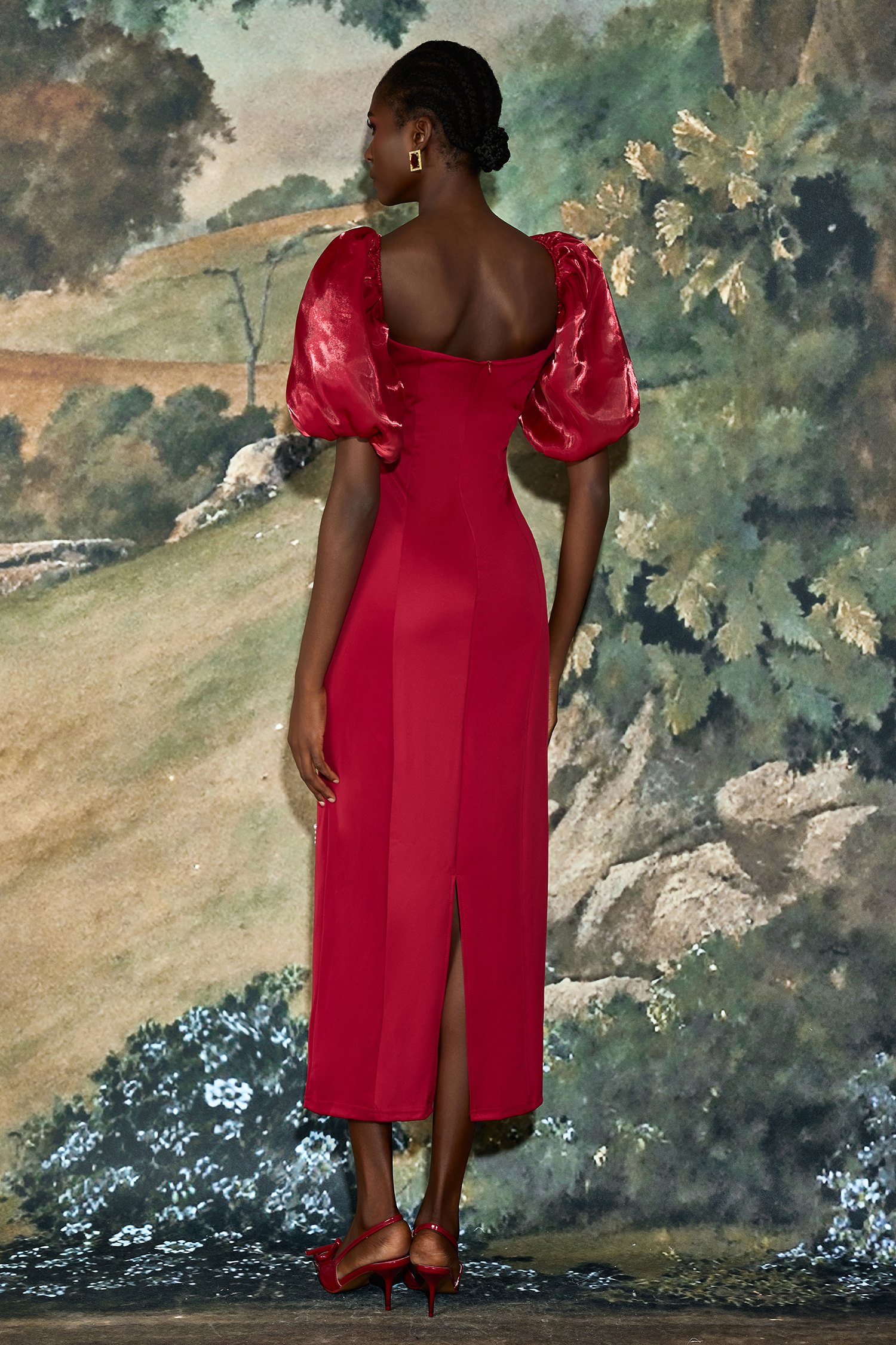 Faux Pearl Square Neck Puff Sleeve Midi Dress