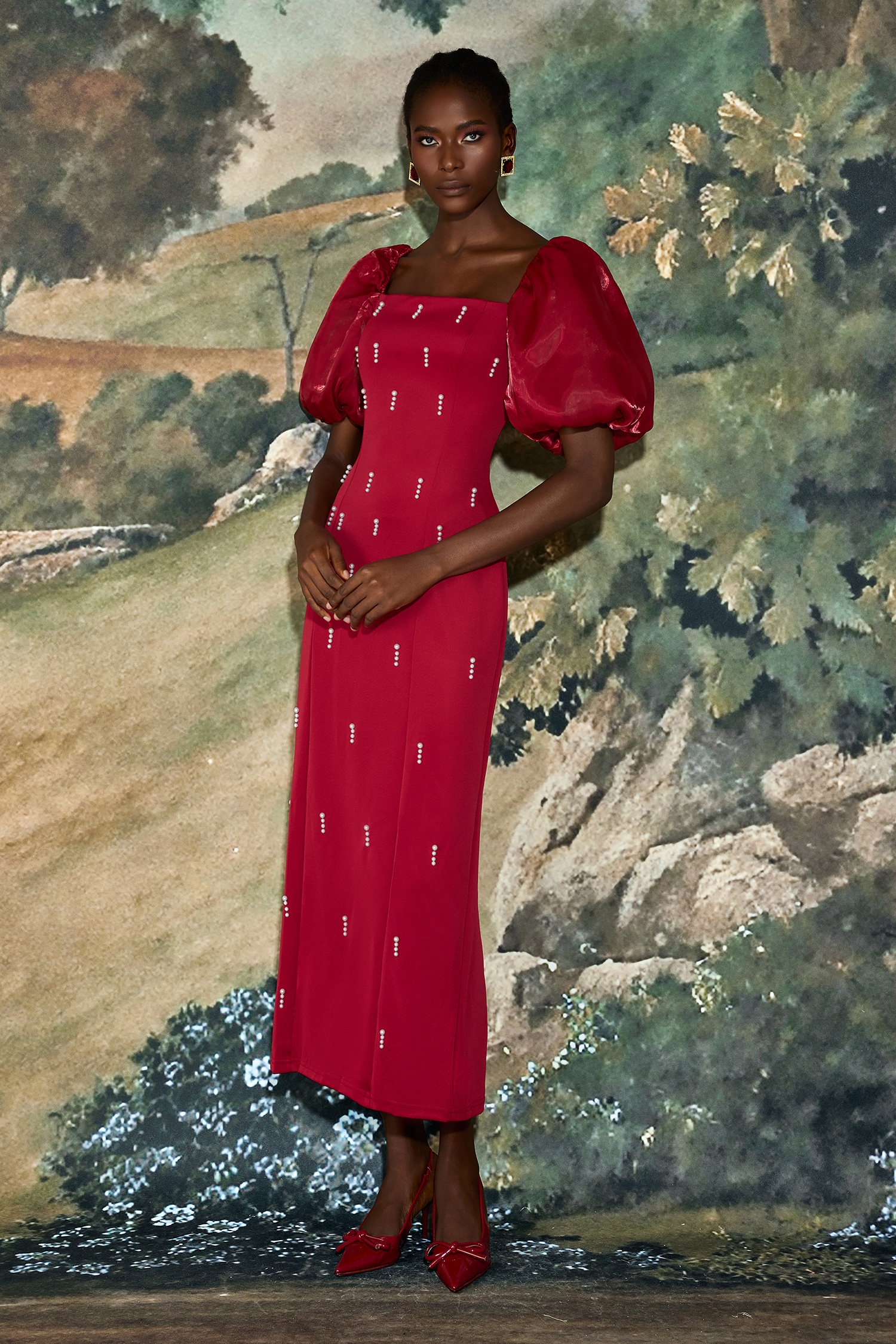 Faux Pearl Square Neck Puff Sleeve Midi Dress