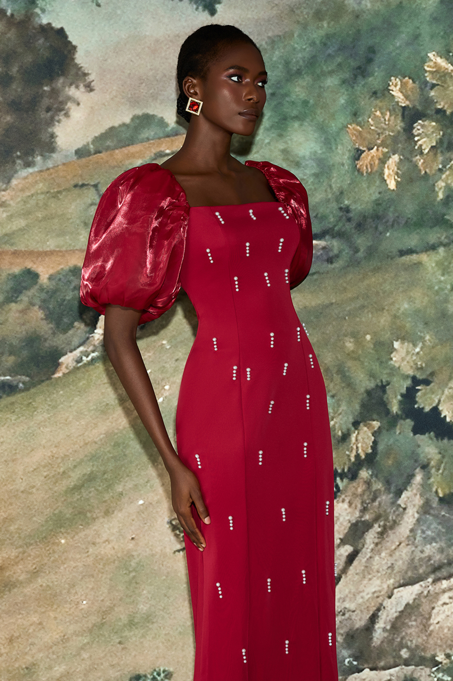 Faux Pearl Square Neck Puff Sleeve Midi Dress