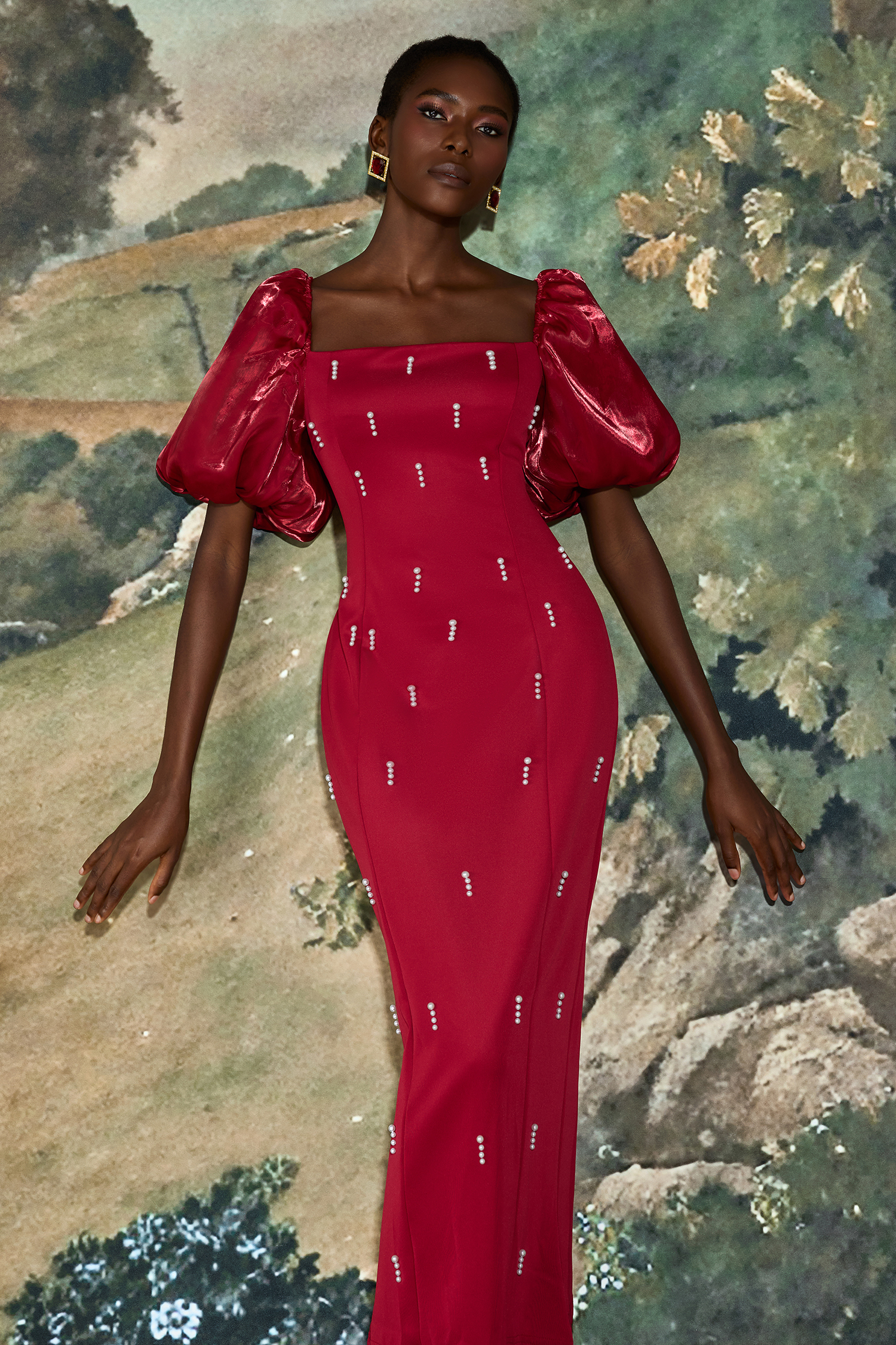 Faux Pearl Square Neck Puff Sleeve Midi Dress