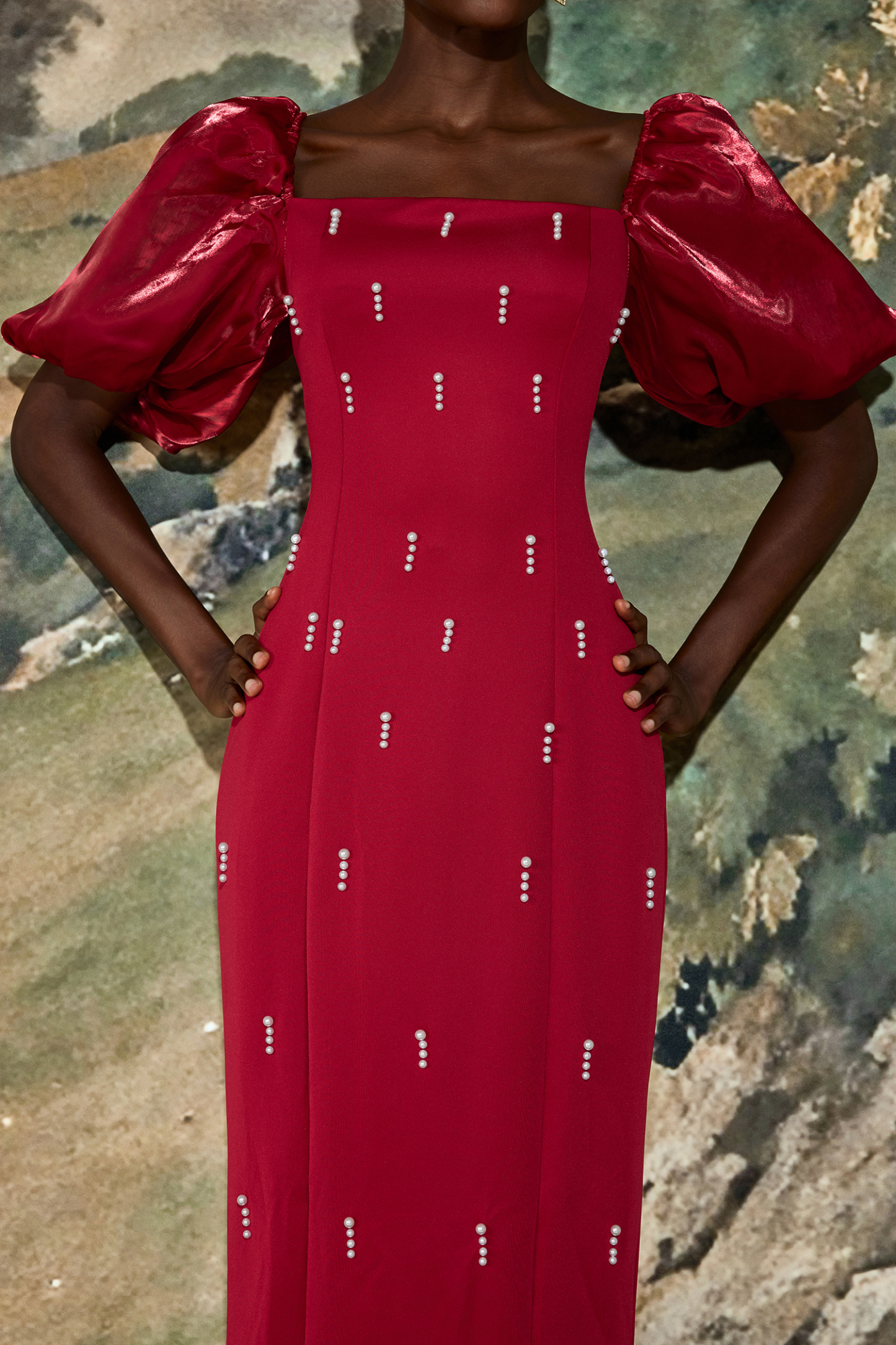 Faux Pearl Square Neck Puff Sleeve Midi Dress