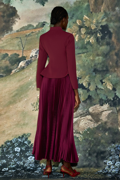 Embroidered Stand Collar Top & High Waist Pleated Maxi Skirt Set