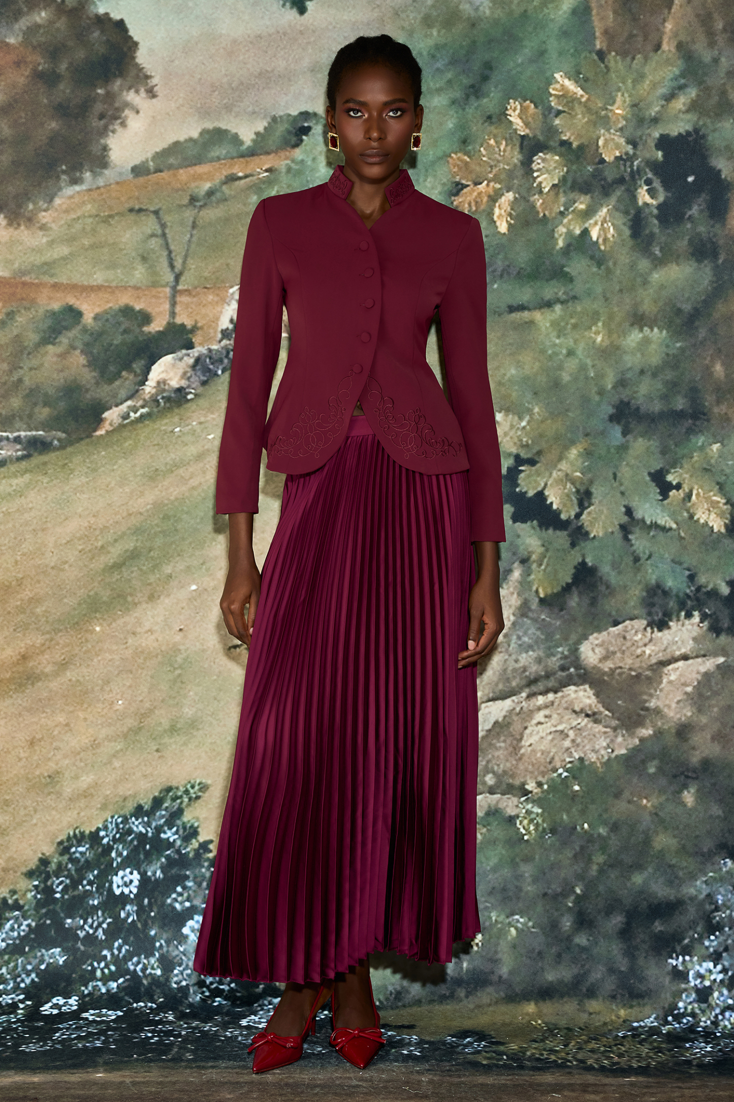 Embroidered Stand Collar Top & High Waist Pleated Maxi Skirt Set