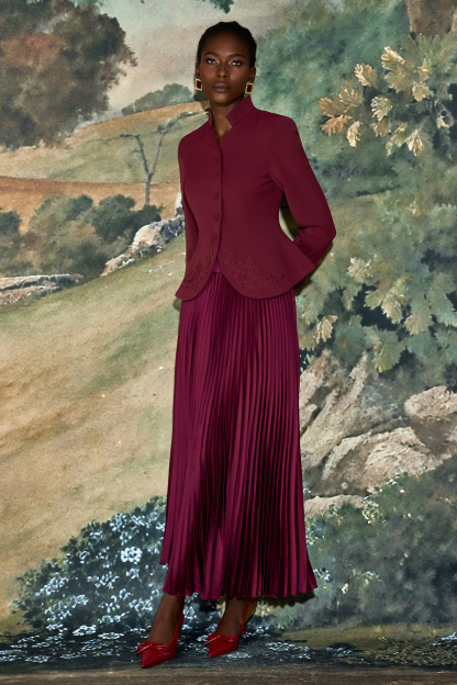 Embroidered Stand Collar Top & High Waist Pleated Maxi Skirt Set