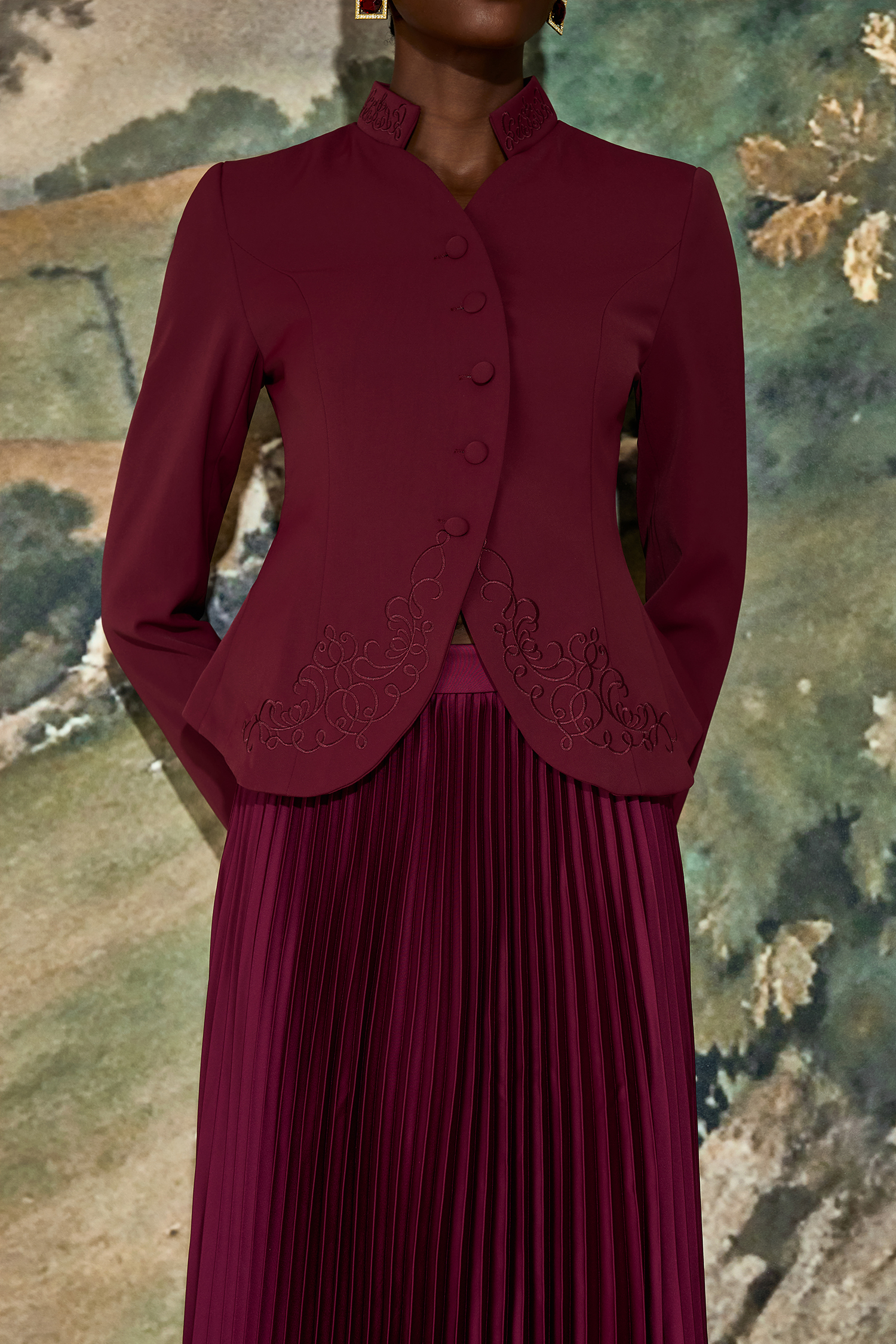 スカート Standcollar Marble Shirts skirt set Embroidered Stand Collar Top & High Waist Pleated Maxi Skirt