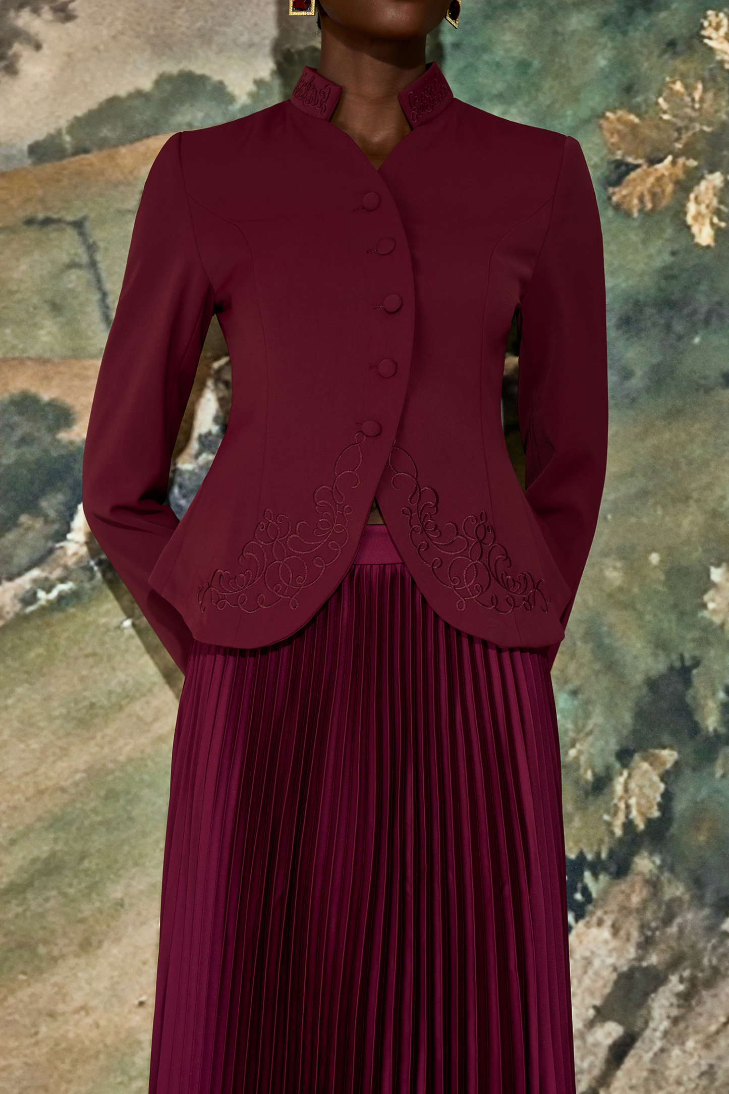 Embroidered Stand Collar Top & High Waist Pleated Maxi Skirt Set