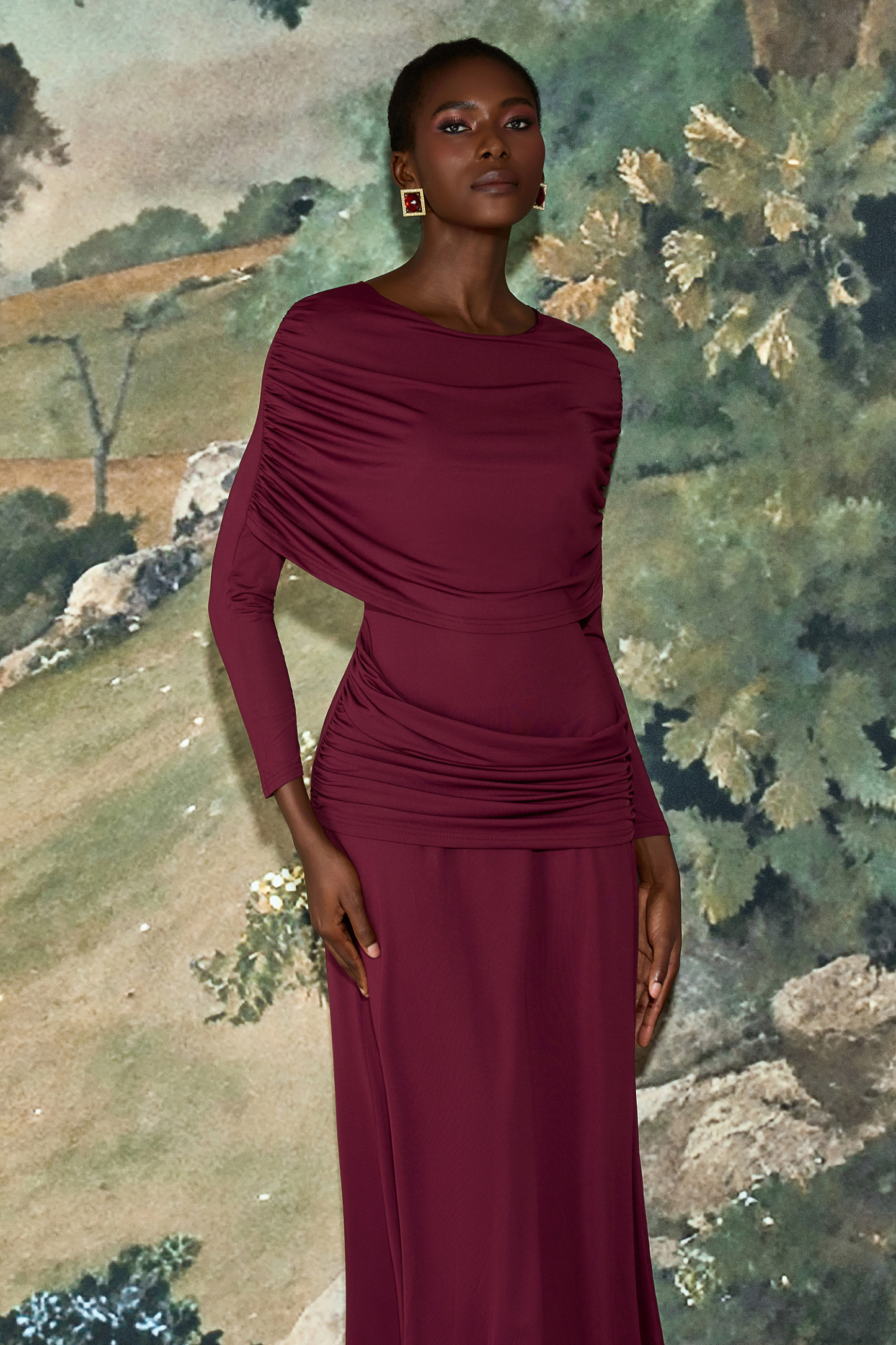Solid Gathering Long Sleeve Maxi Dress