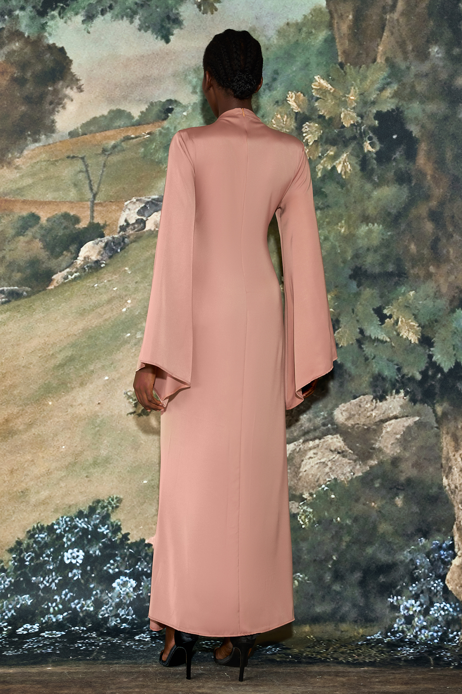 Satin Tie-Up Bell Sleeve Maxi Dress