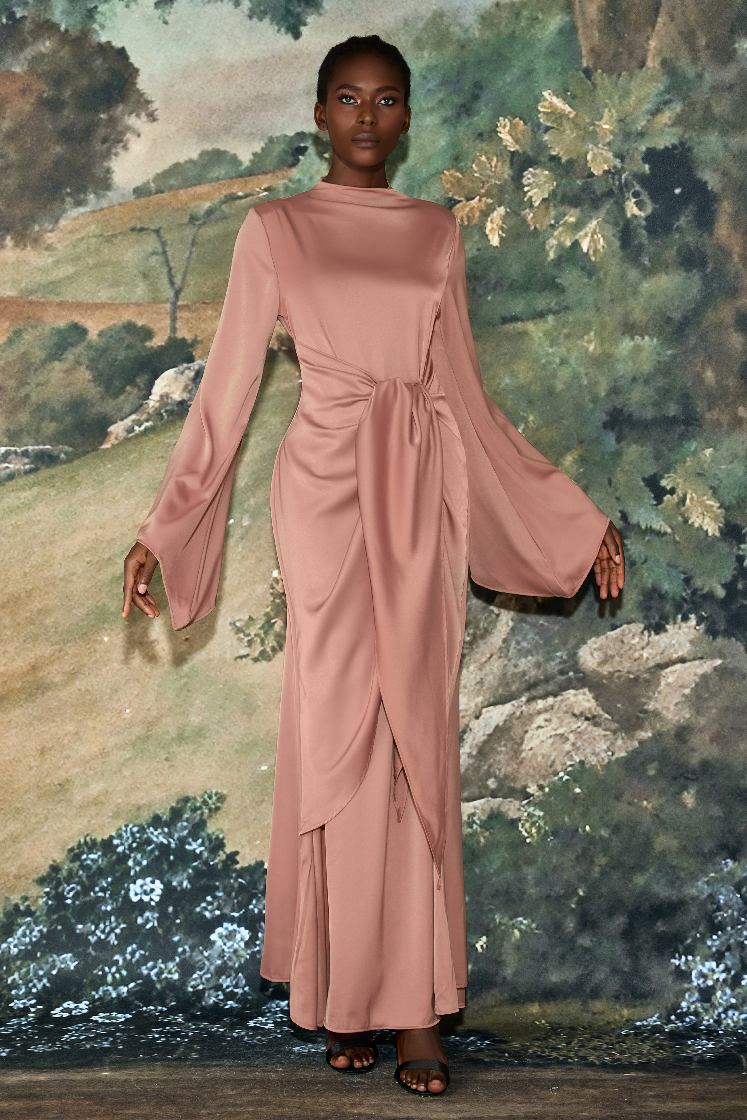 Satin Tie-Up Bell Sleeve Maxi Dress – JardinVue