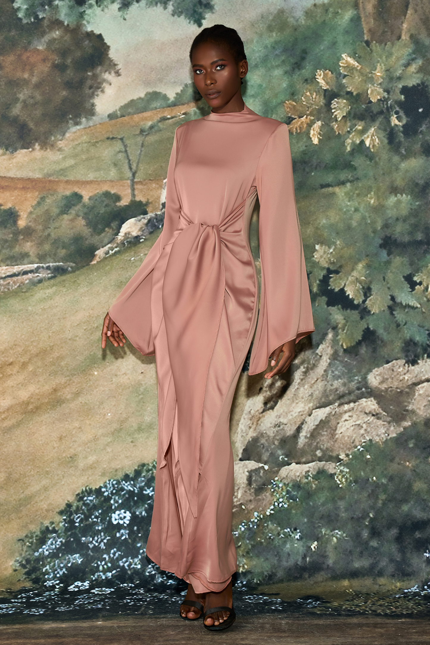 Satin Tie-Up Bell Sleeve Maxi Dress