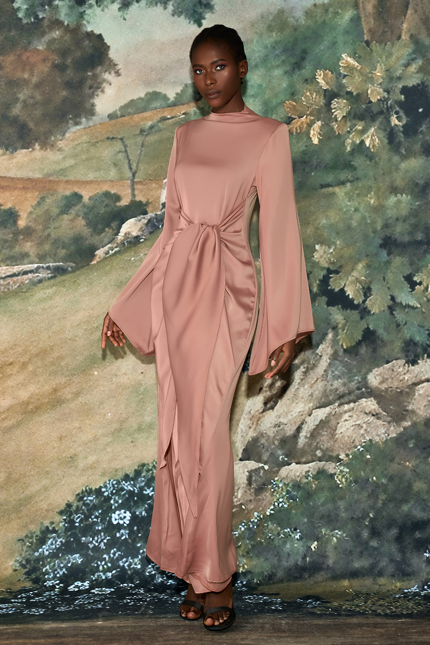 Satin Tie-Up Bell Sleeve Maxi Dress