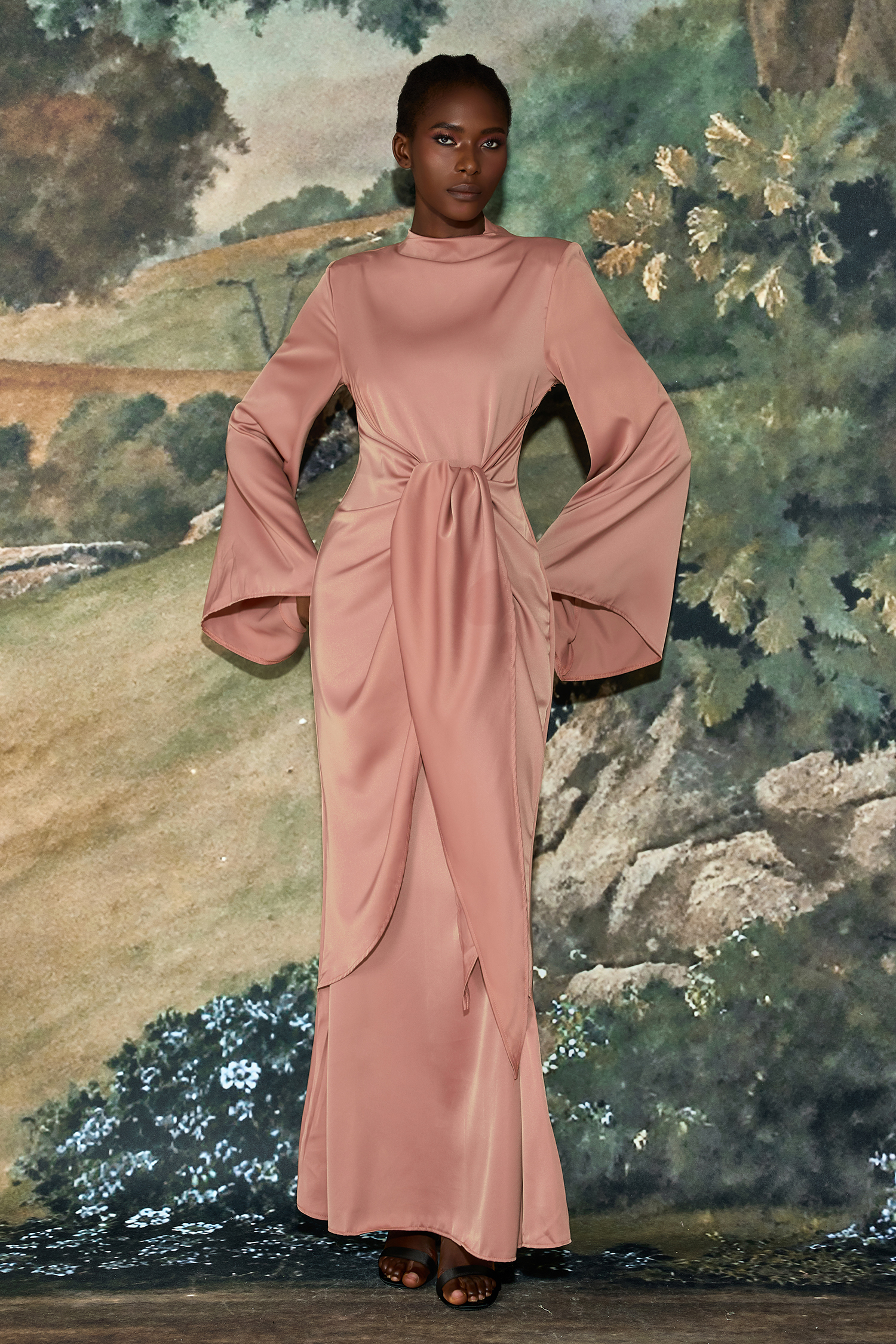 Satin Tie-Up Bell Sleeve Maxi Dress