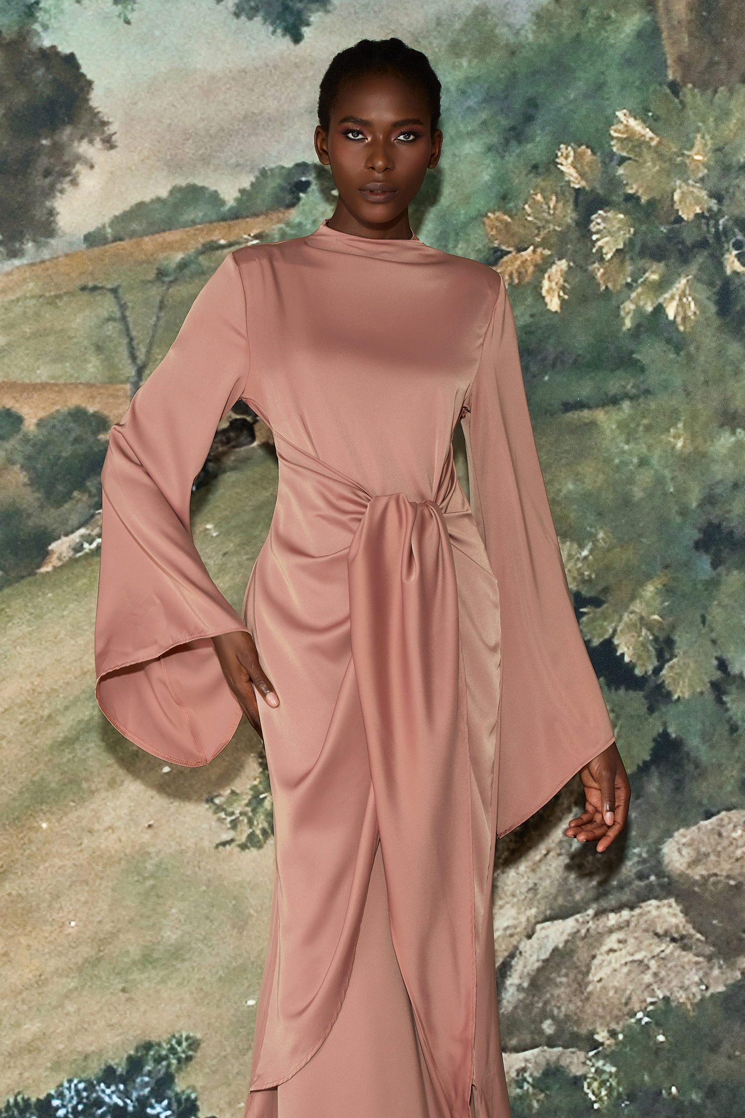 Satin Tie-Up Bell Sleeve Maxi Dress