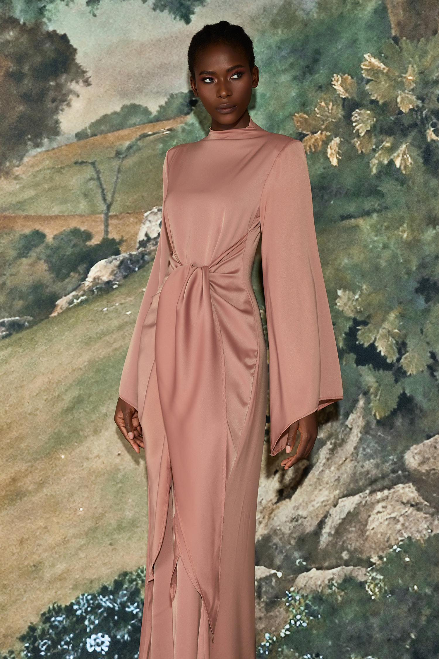 Satin Tie-Up Bell Sleeve Maxi Dress
