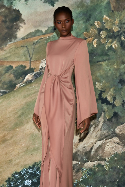 Satin Tie-Up Bell Sleeve Maxi Dress