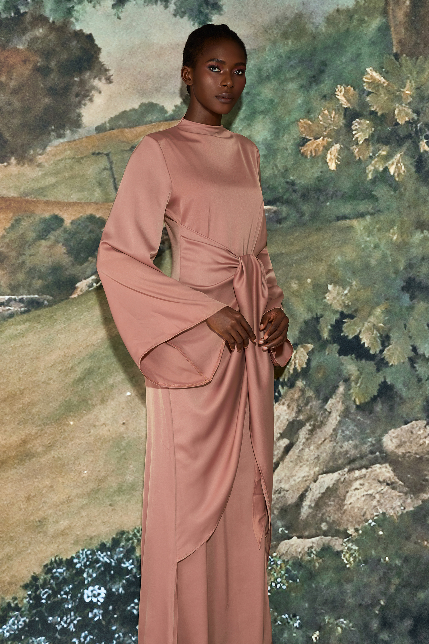 Satin Tie-Up Bell Sleeve Maxi Dress – JardinVue Satin Tie-Up Bell Sleeve Maxi Dress – JardinVue