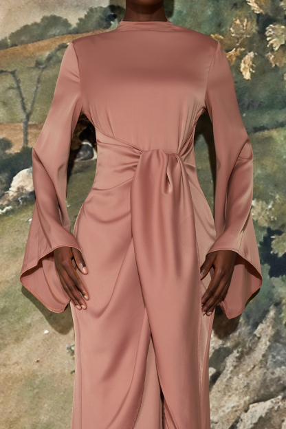 Satin Tie-Up Bell Sleeve Maxi Dress