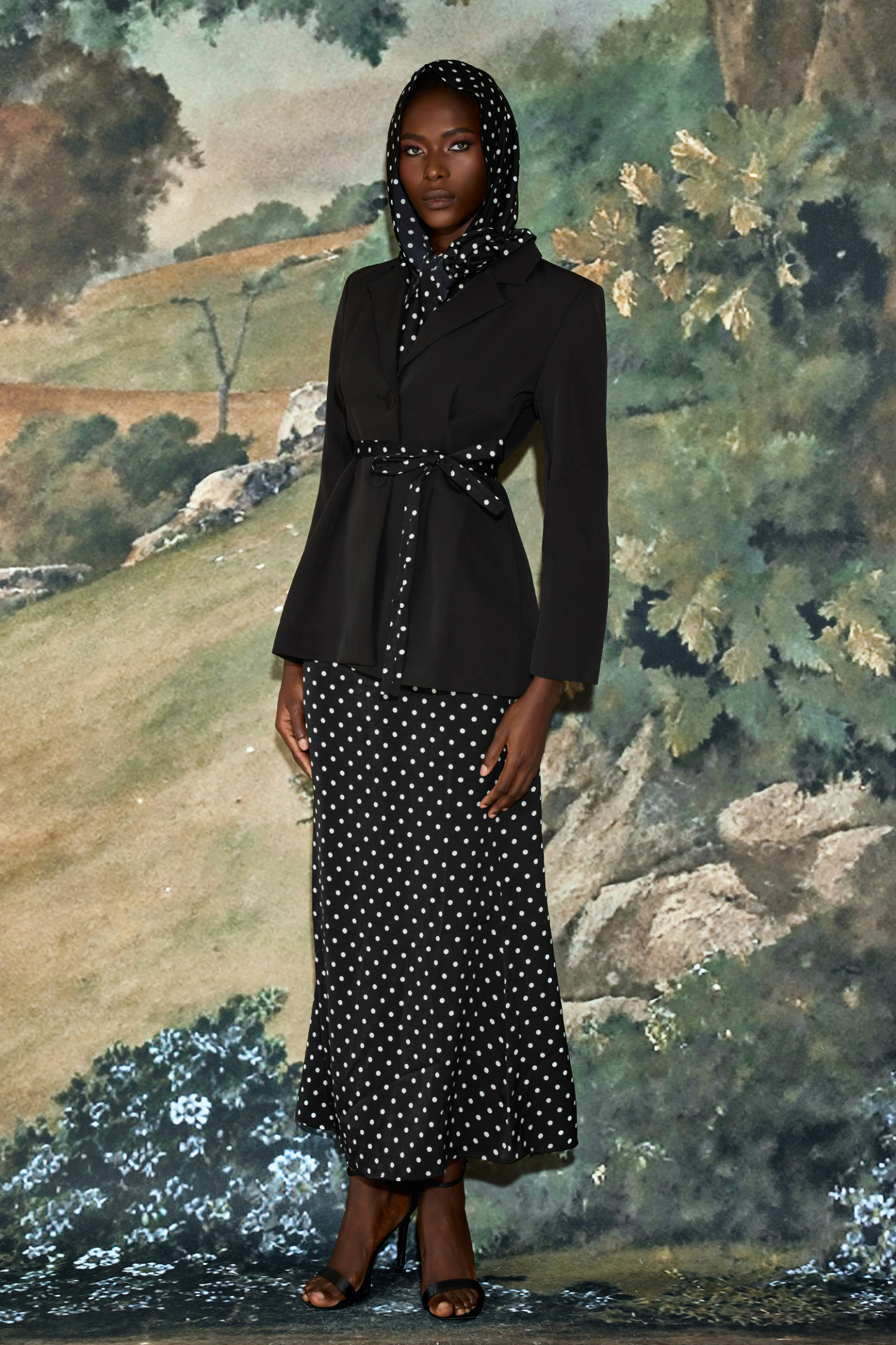 3D Flower Kerchief Blazer & Dots Midi Skirt Set