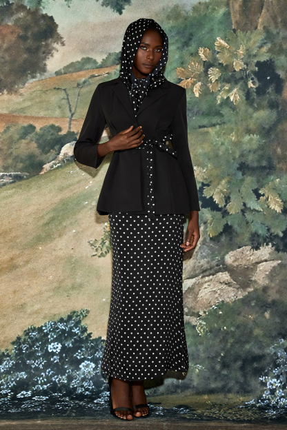 3D Flower Kerchief Blazer & Dots Midi Skirt Set