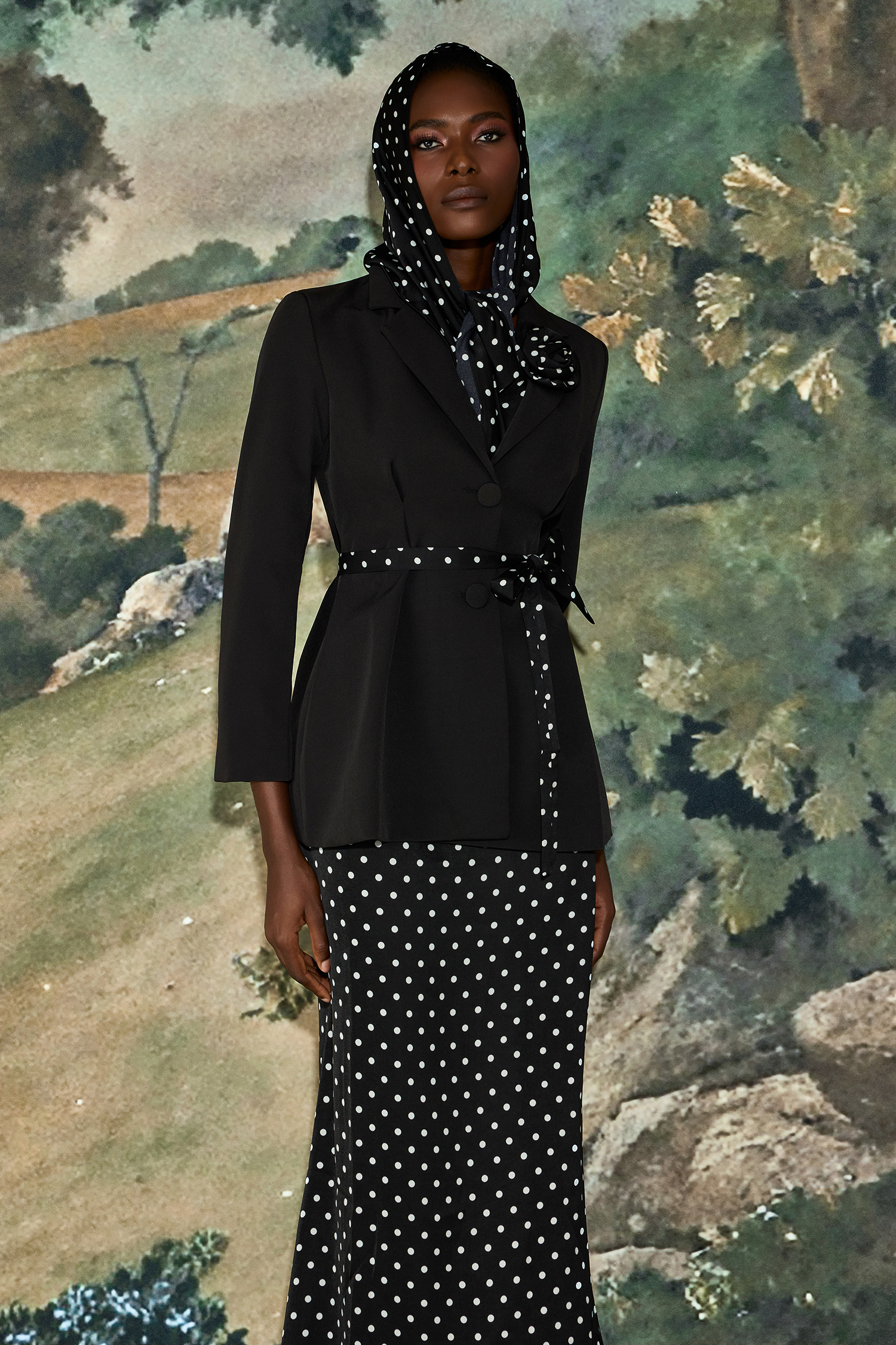 3D Flower Kerchief Single-Breasted Tailored Collar Blazer& Dots