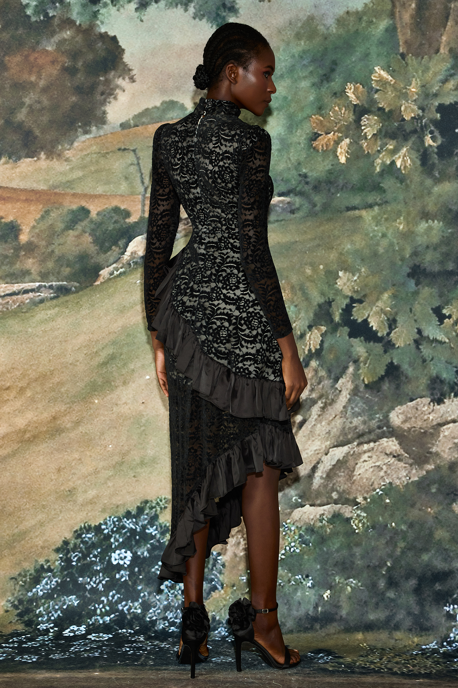 Flock Lace Ruffle Long Sleeve Midi Dress