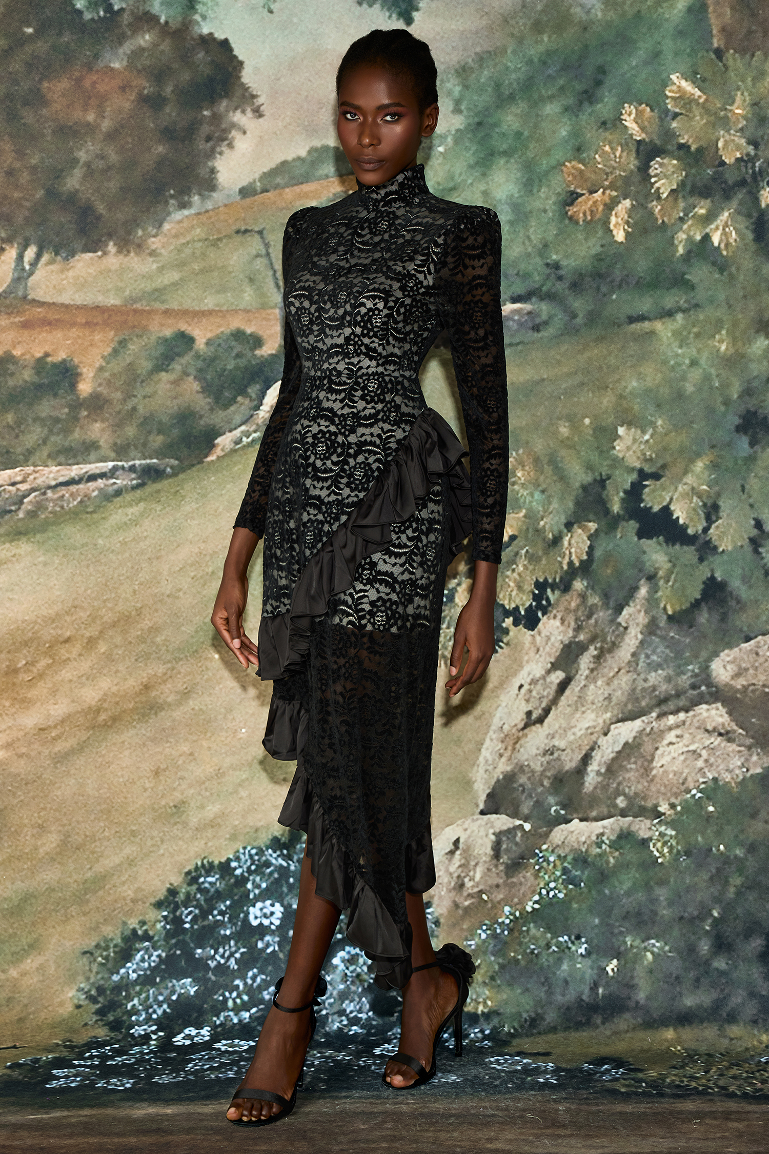 Flock Lace Ruffle Long Sleeve Midi Dress