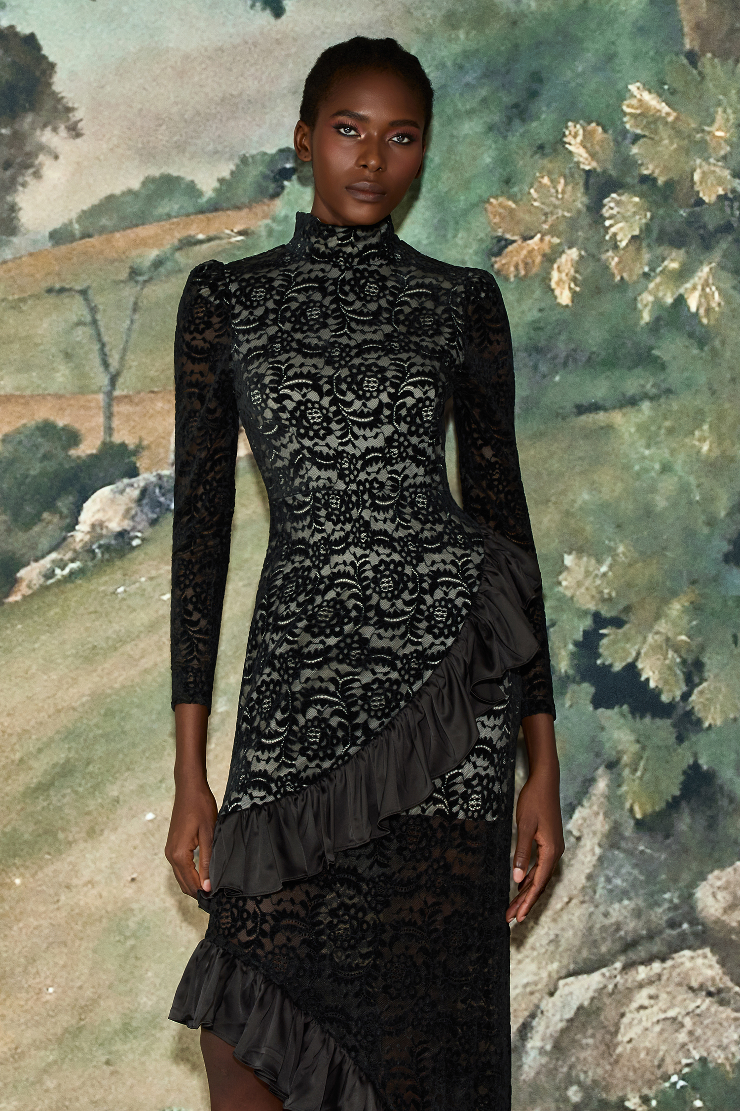 Flock Lace Ruffle Long Sleeve Midi Dress