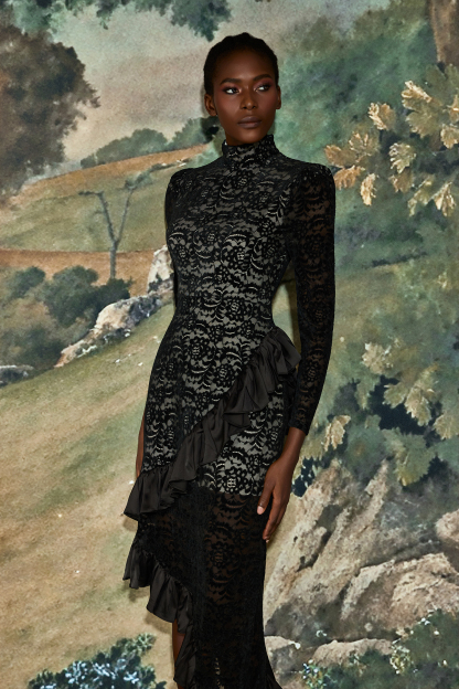 Flock Lace Ruffle Long Sleeve Midi Dress