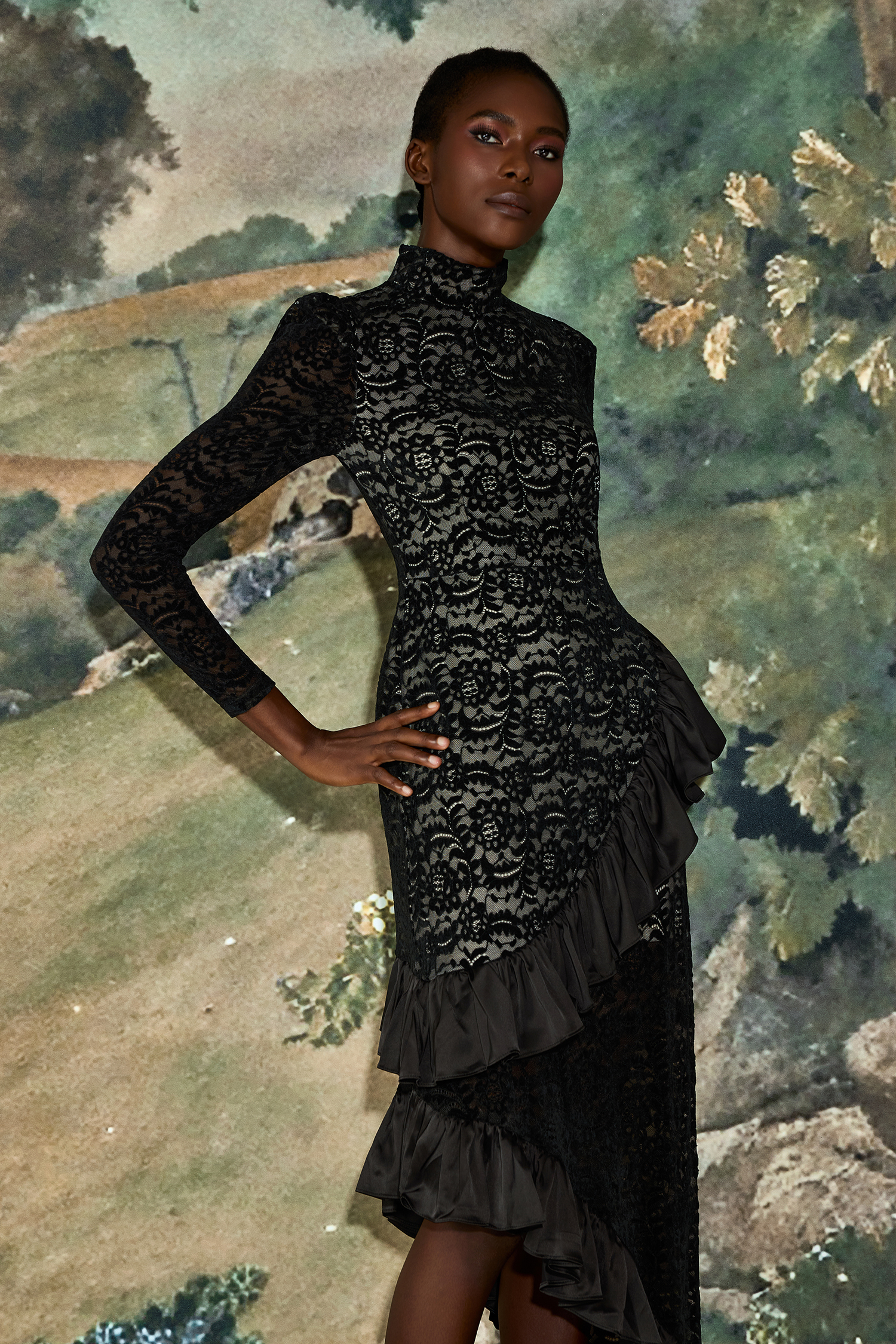 Flock Lace Ruffle Long Sleeve Midi Dress – JardinVue