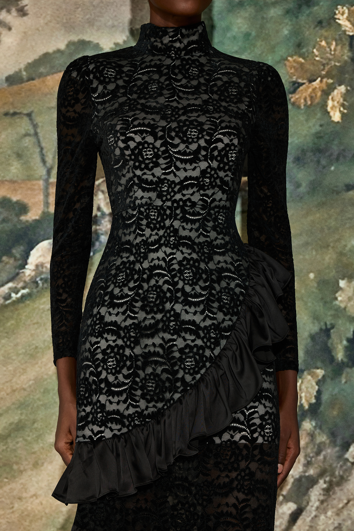 Flock Lace Ruffle Long Sleeve Midi Dress