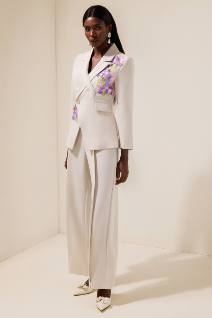 Embroidered Tailored Collar Blazer & Pleated High Waist Pants Set