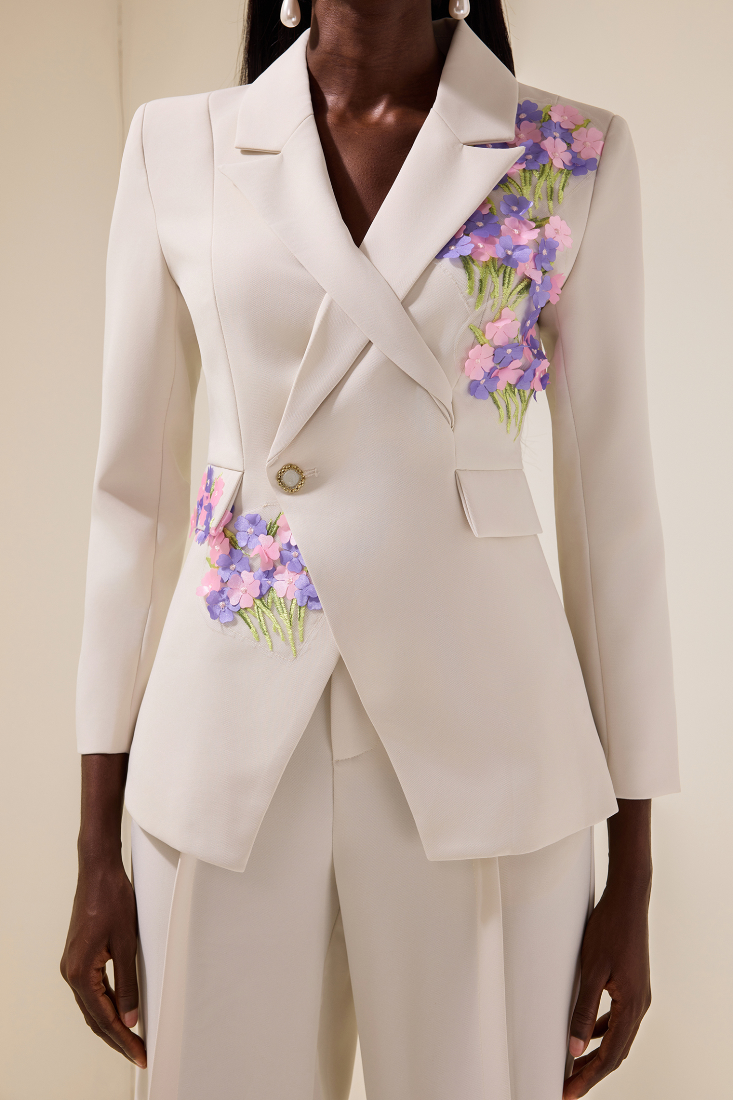 Embroidered Tailored Collar Blazer & Pleated High Waist Pants Set