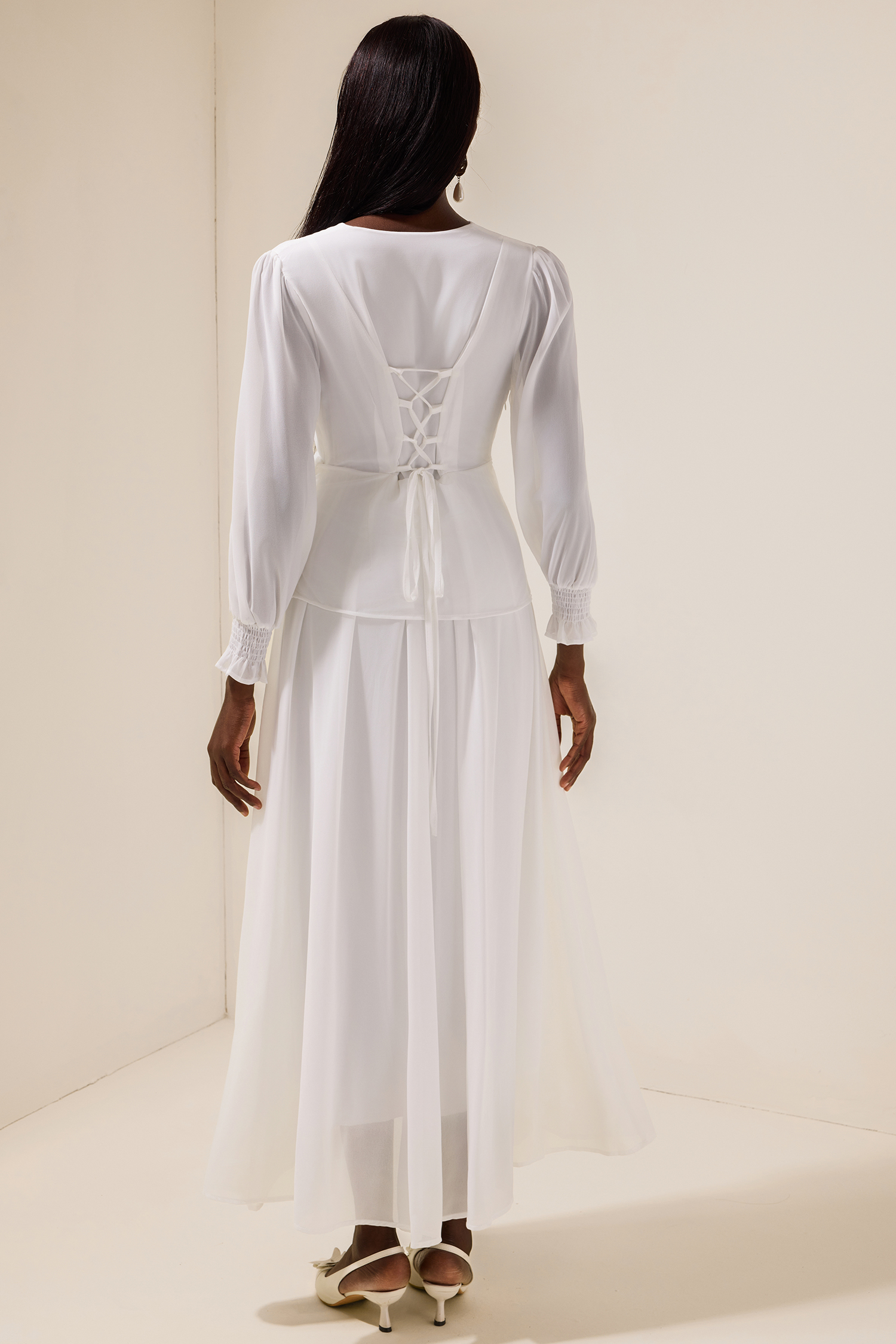 Chiffon V-Neck Lace-Up Midi Dress