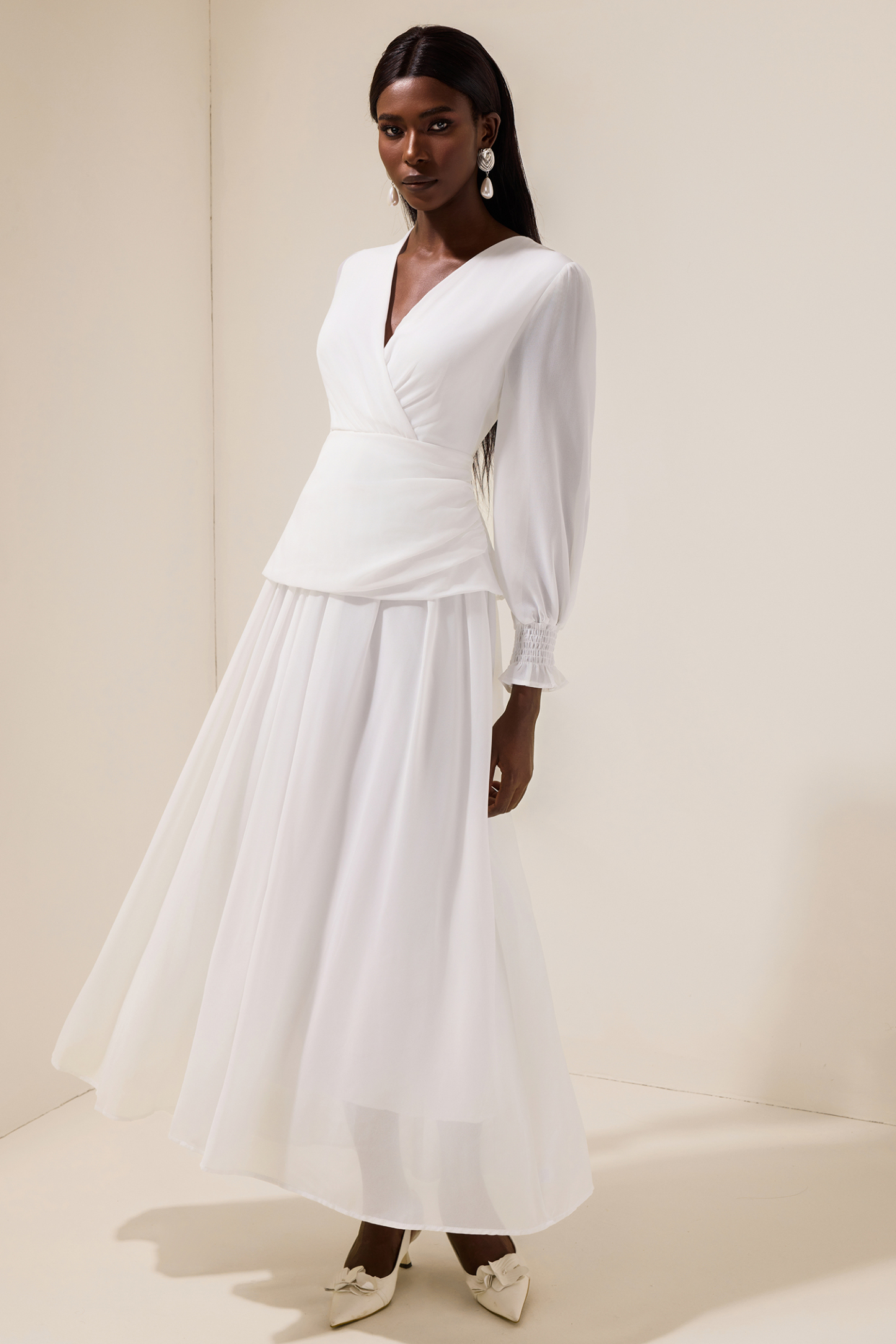 Chiffon V-Neck Lace-Up Midi Dress