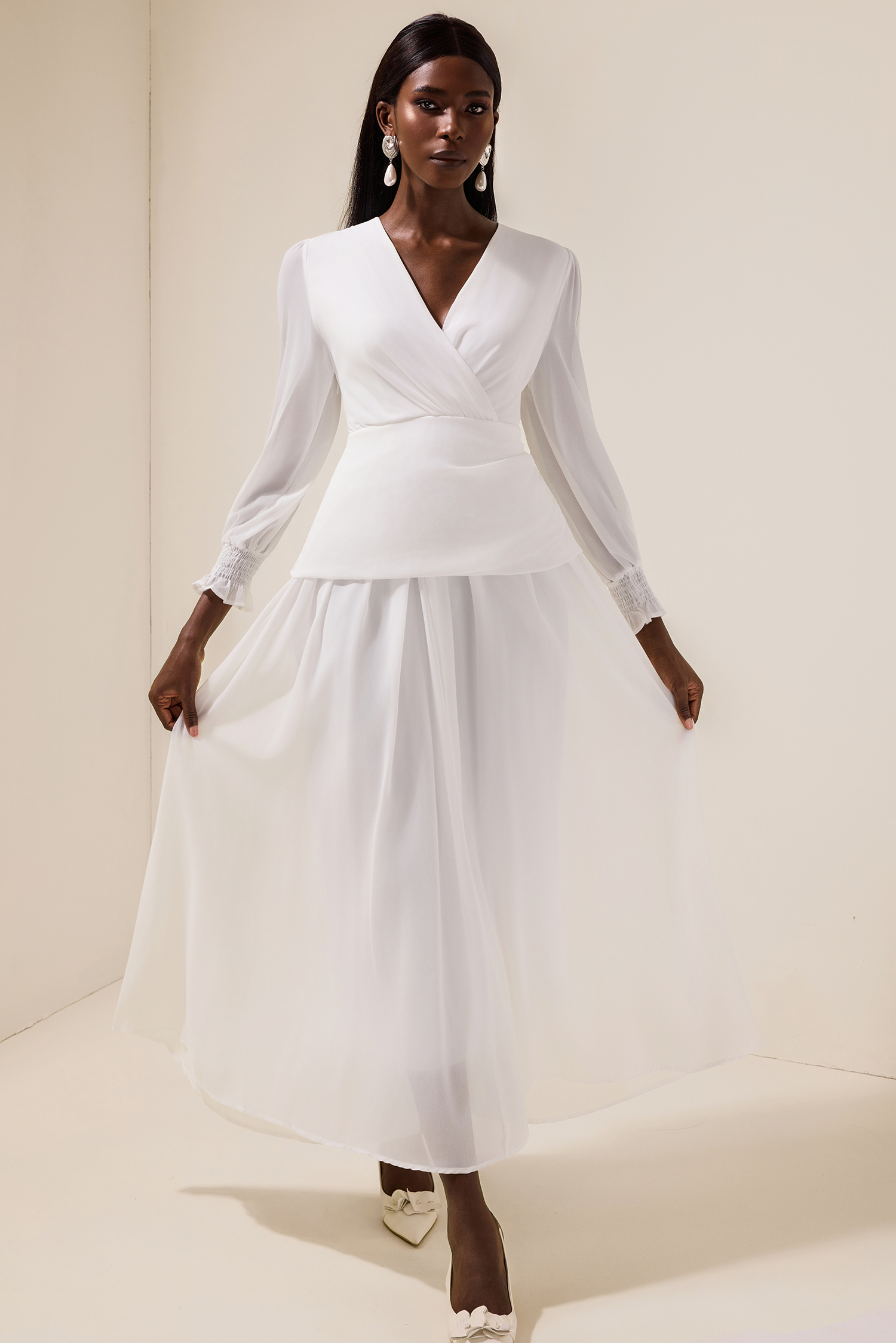 Chiffon V-Neck Lace-Up Midi Dress