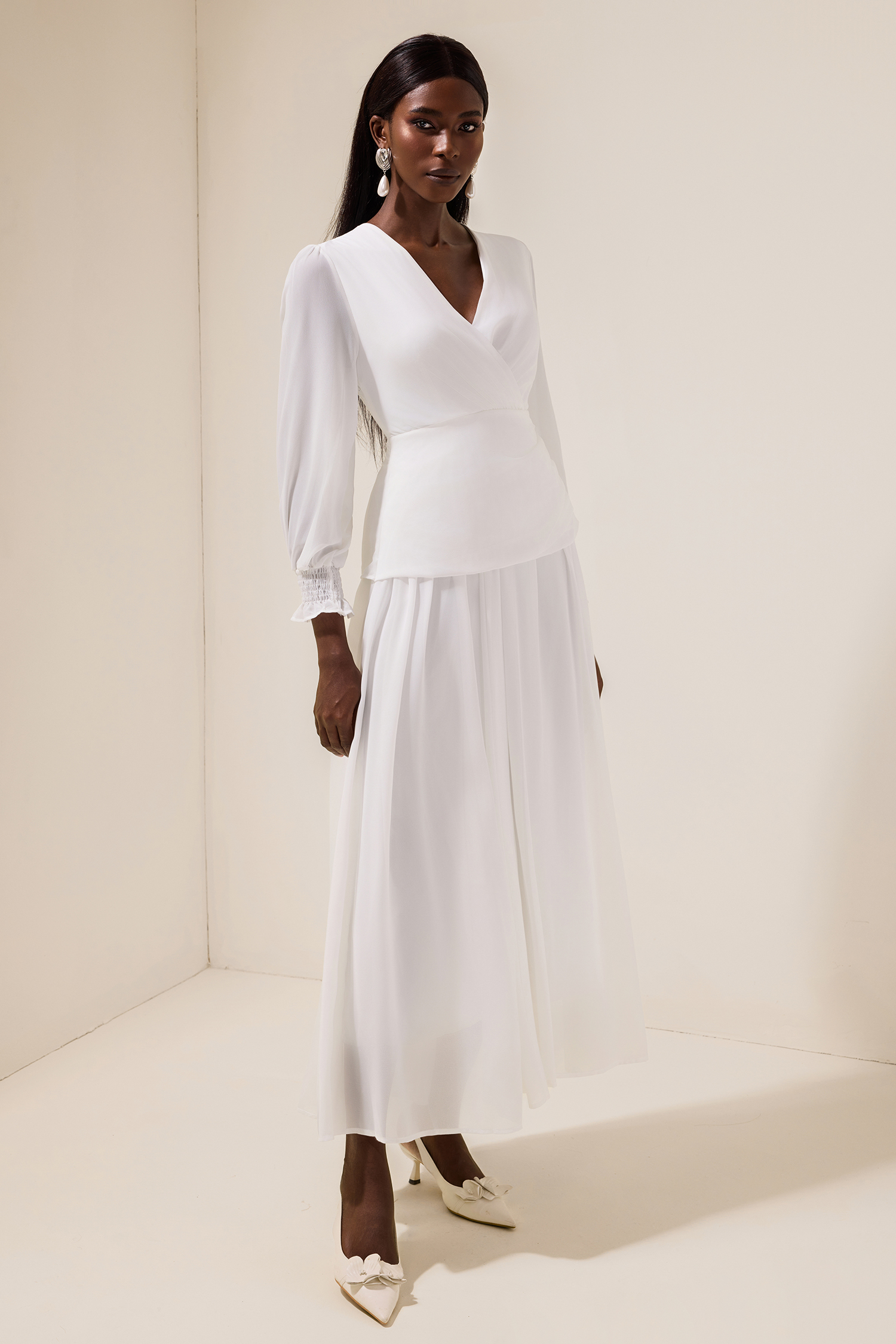 Chiffon V-Neck Lace-Up Midi Dress