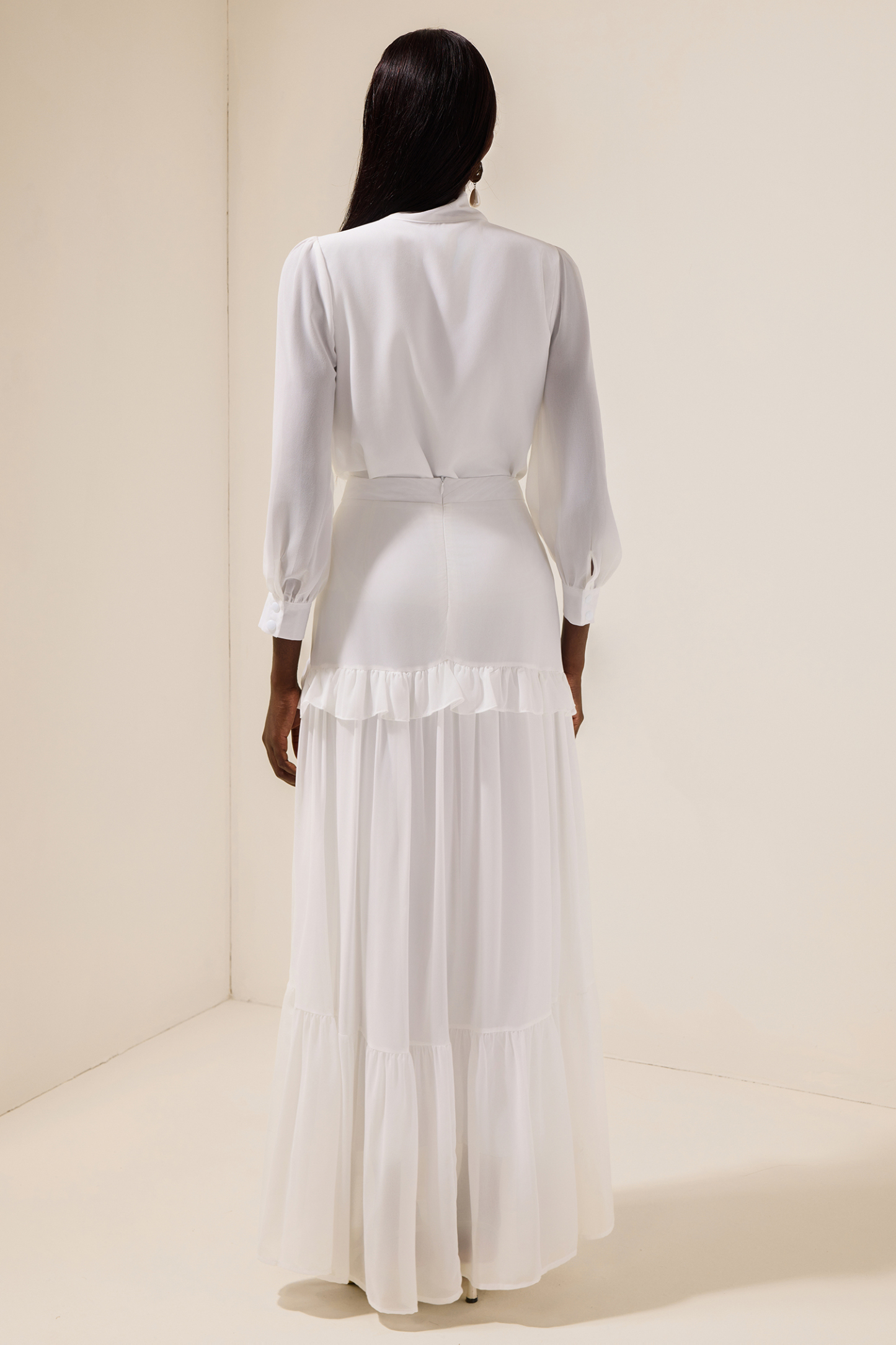 Chiffon Puff Sleeve V-Neck Top & Ruffle Mid Waist Skirt Set