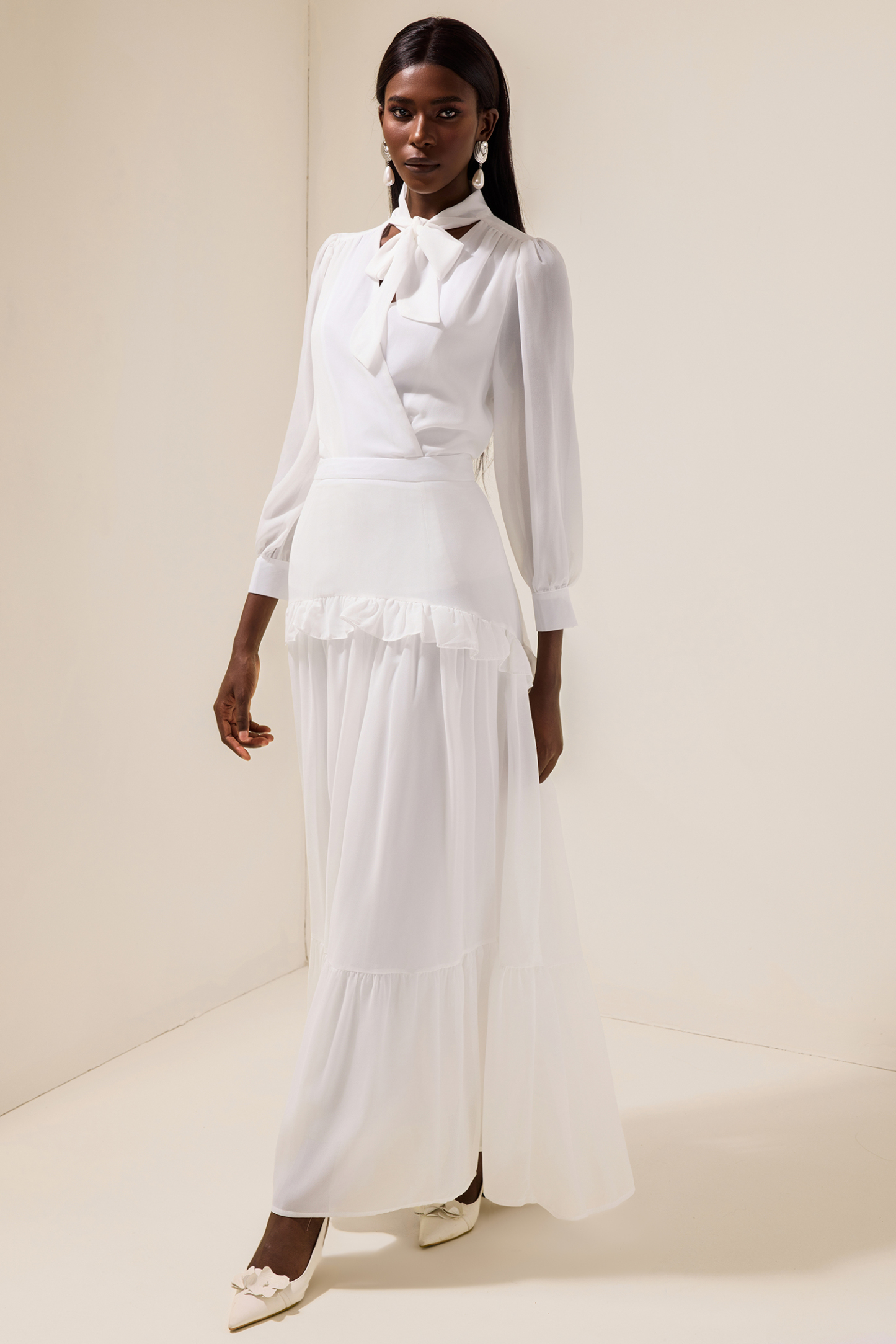 Chiffon Puff Sleeve V-Neck Top & Ruffle Mid Waist Skirt Set