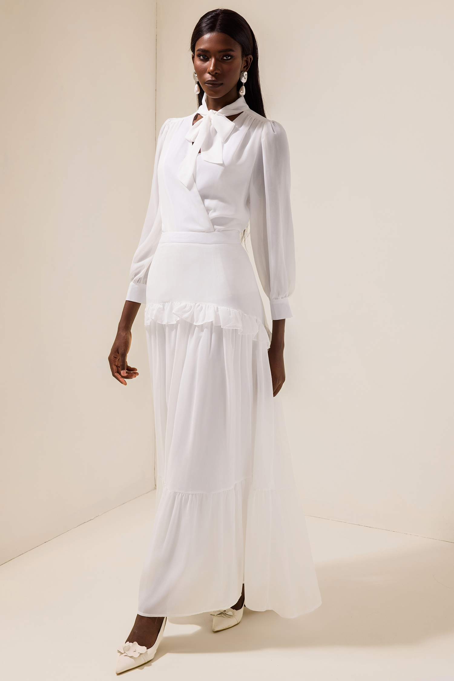 Chiffon Puff Sleeve V-Neck Top & Ruffle Mid Waist Skirt Set