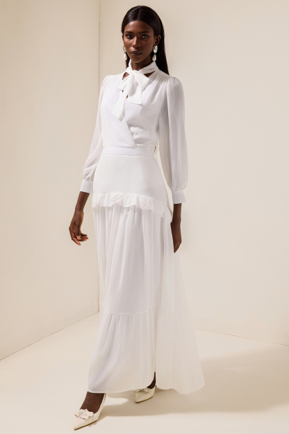 Chiffon Puff Sleeve V-Neck Top & Ruffle Mid Waist Skirt Set