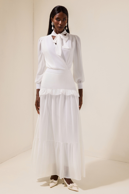 Chiffon Puff Sleeve V-Neck Top & Ruffle Mid Waist Skirt Set