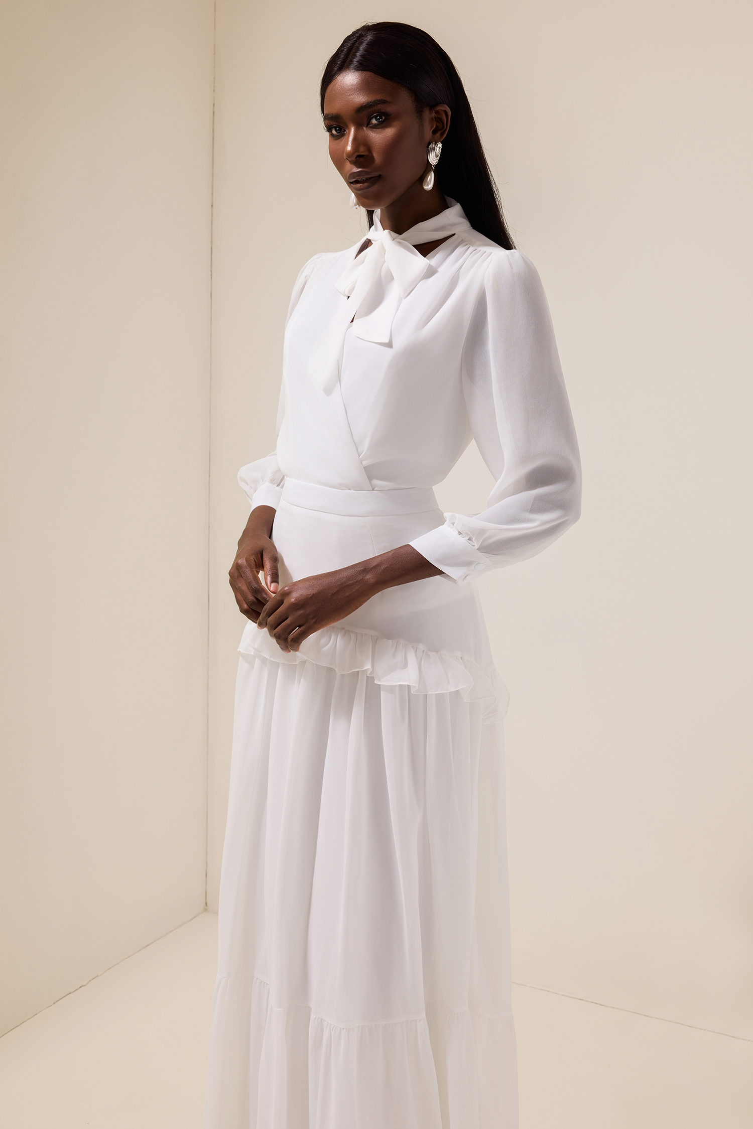 Chiffon Puff Sleeve V-Neck Top & Ruffle Mid Waist Skirt Set